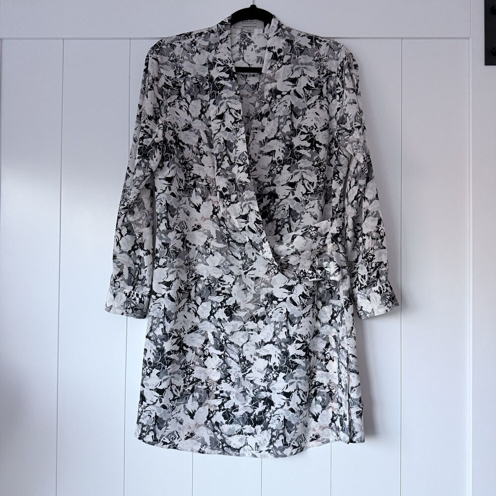 All Saints Floral Asymmetrical Shirt Dress 6 100% SILK Cottage Boho Whimsigoth